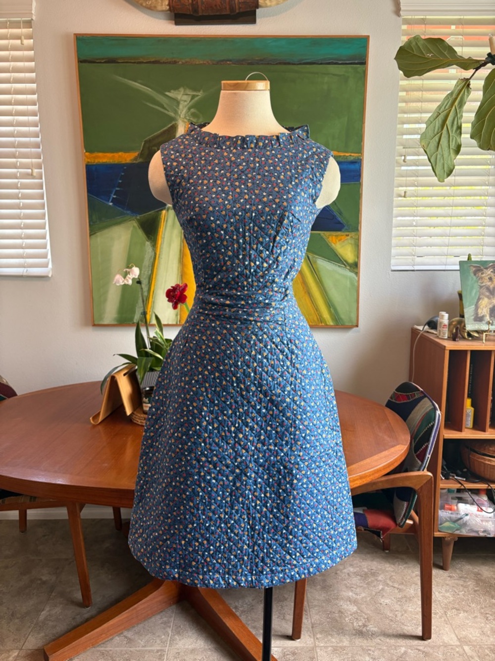 Vintage 50s Blue Floral Quilted Fit-and-Flare Dress with Strawberries and Hearts - Picture 2 of 11